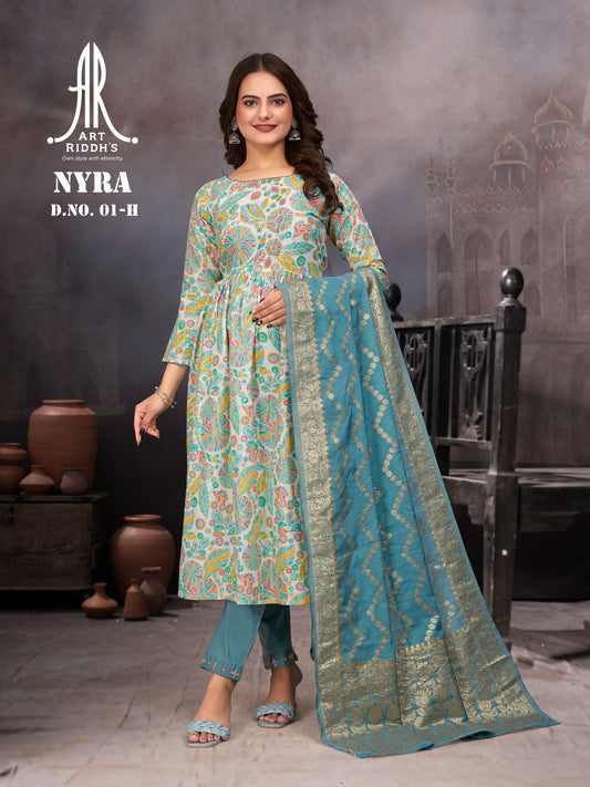 designer nayra cut kurta sets with banarasi duppta