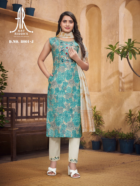 Sky blue floral printed kurti sets with jecard duppta