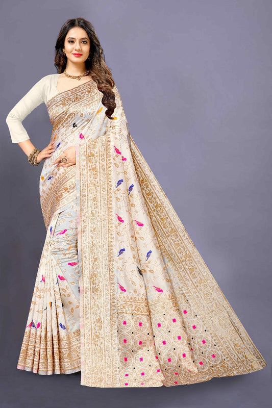 NX-48 Soft Silk off white saree with Rich Zari weawing Pallu with zari weawing border