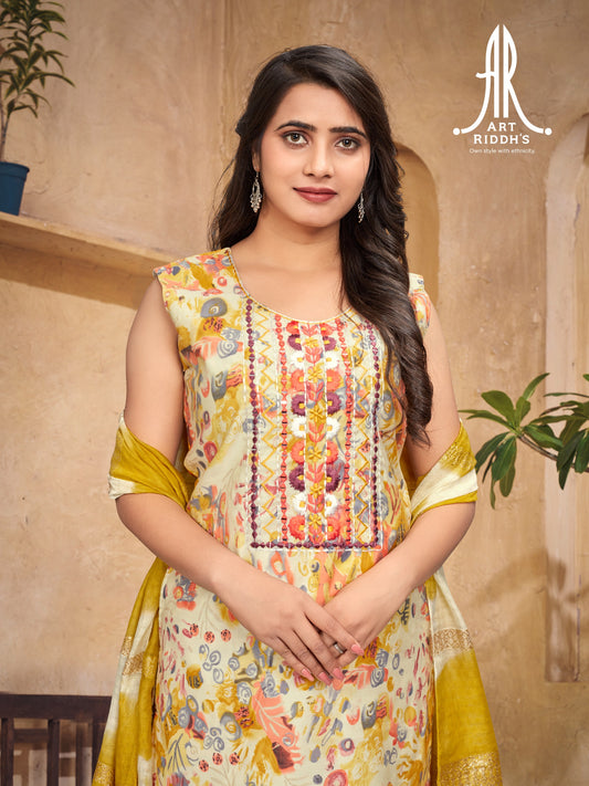 Artriddhs modal yellow printed kurti sets with jecard duppta