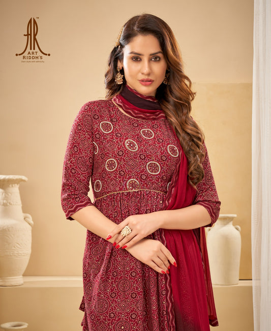 designer maroon ajarakh print nayra  kurti pent set