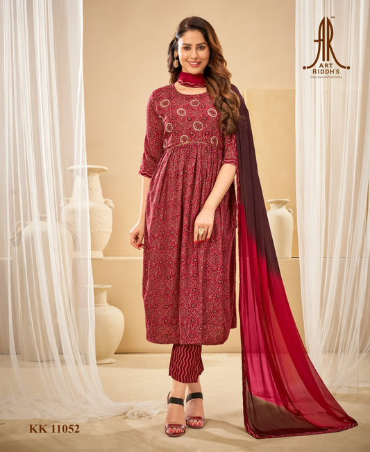 designer maroon ajarakh print nayra  kurti pent set